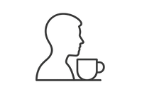 "Minimalist line icon. Profile silhouette of a person with a coffee cup in front of them. Clean monoline (2 px stroke), black lines on transparent background. Vector-style, simple, modern, flat."
